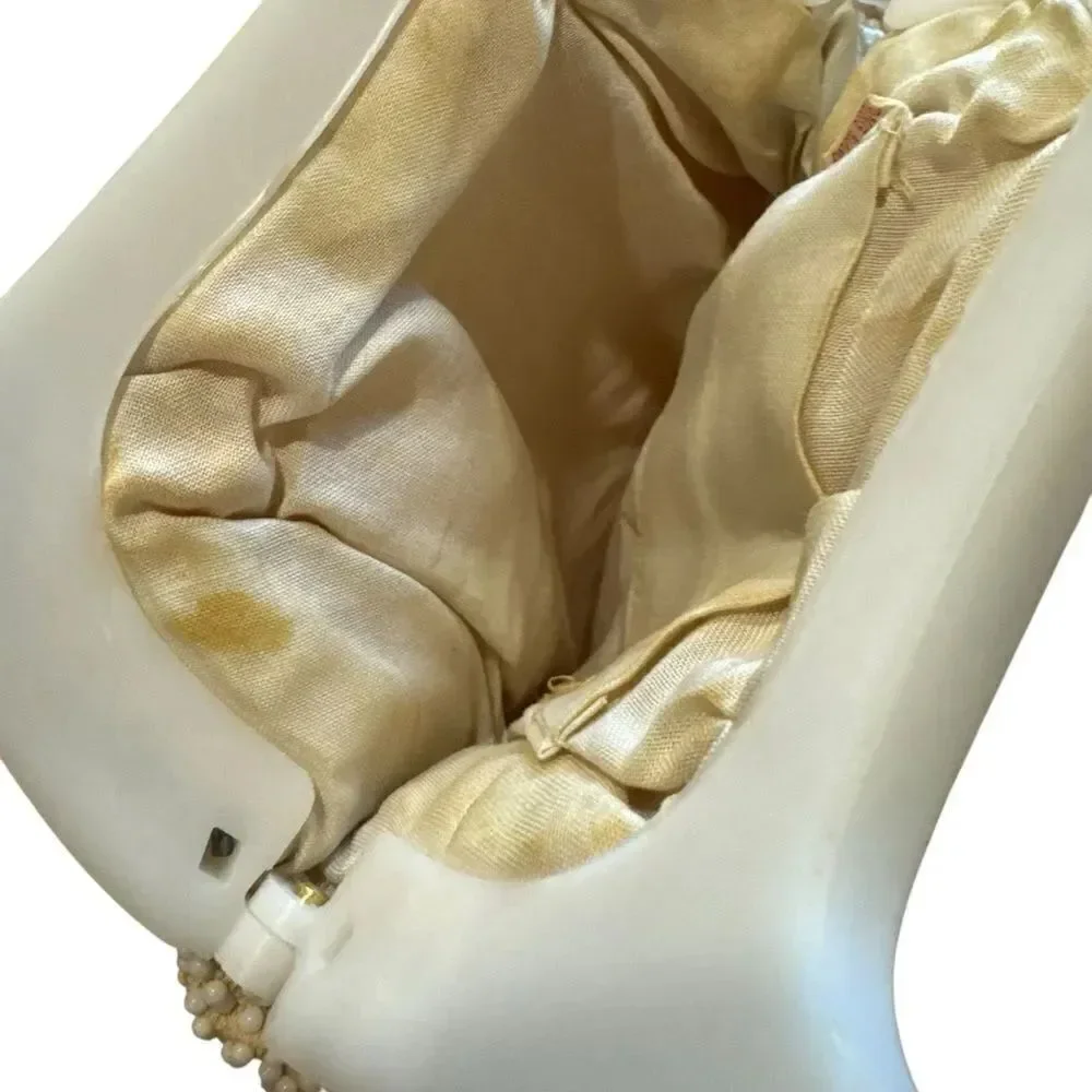 Vintage 1960s Elegant Beaded Cream Clutch with Gold Clasp